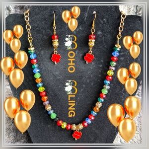 Vibrant Rainbow Crystal Necklace & Lucky Clover Charm Earring Set